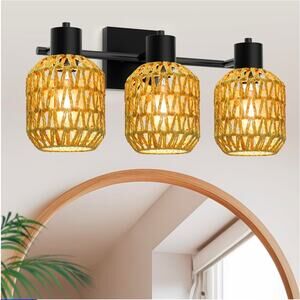 3 Lights Boho Rattan Vanity Lighting fixtures Over Mirror, Farmhouse, E26 Base